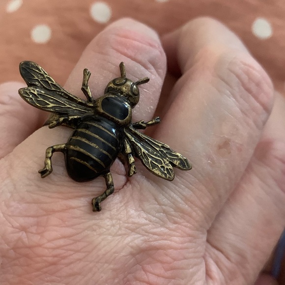 Vintage Bee-Motif Black Enamel & Antique Bronze Adjustable Ring Jewelry Wasps - Picture 7 of 8